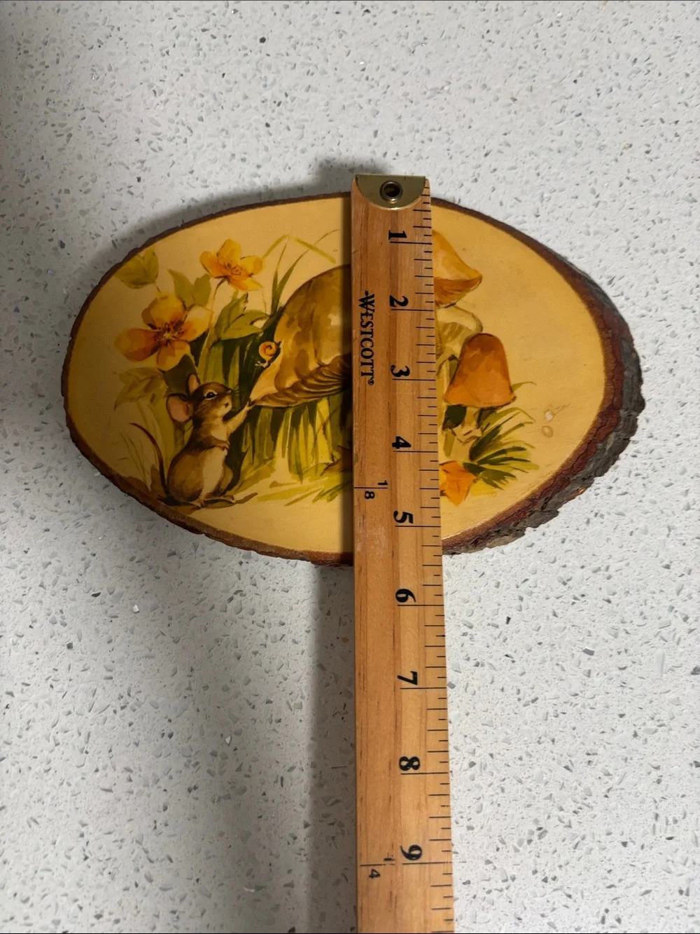 VTG 70’s Rustic Yellow Mushroom & Mouse Oval Wood Slice Decoupage Wall Plaque